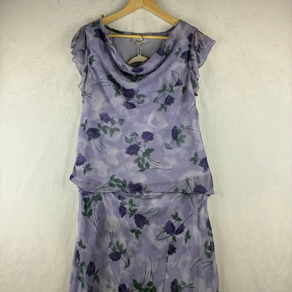 Vintage 2 Piece Cowl Flutter Blouse Midi Skirt Womens Large Purple Rose Romantic